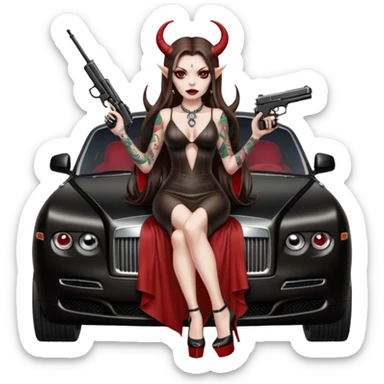 Lilith model red eye sexy black  devil horns.  long brown haired sexy succubus woman with leather long dress slit, sitting on rolls Royce. Wearing Black Platform high heels on feet. Tattoo sleeve arms, dead human skull of her ex skull is on top of stack of cash and a gun in  hand sticker