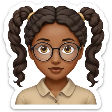 femme de 20 ans noire métissée avec les cheveux bouclés et ondulés, le visage ovale et des lunettes semi rondes et les yeux en amande cheveux plus long et moins gonflés et noir foncé et attaché en queue de cheval  plaqués avec une raie au milieu  sticker