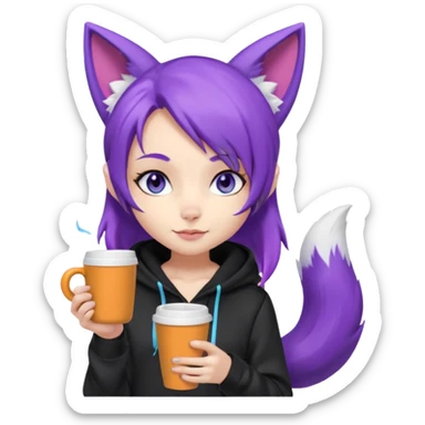 chibi fox girl with purple hair , purple fox ears, purple fox tail, black hoodie, blue eyes with head phones around her neck and white shorts, generate her looking smug holding a large coffee cup sticker