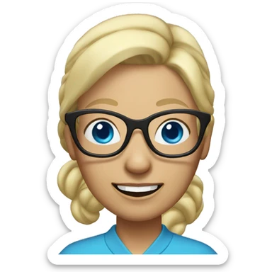 older woman with blue eyes and blonde hair with a ponytail and glasses sticker