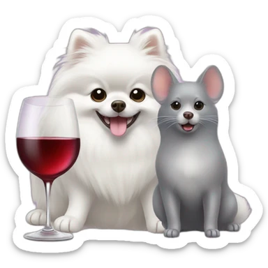 a white pomeranian and a gray mouse drink wine sticker