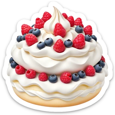 Cinematic Realistic Pavlova Dessert Emoji, showcasing a delicate meringue dessert topped with fresh fruit rendered with lifelike texture and soft natural lighting. sticker