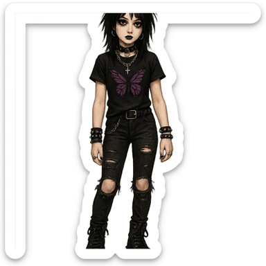 emo girl with ripped jeans, chunky boots, butterfly motif, gothic accessories sticker