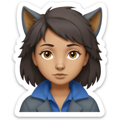 Hobo tomboy with dark brown hair in a wolf cut style, brown eyes, dirty dark grey coat, blue-grey shirt. sticker