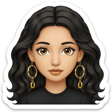 woman in a black shirt with olive skin, brown eyes and long lashes, and long black wavy hair and gold hoop earrings sticker