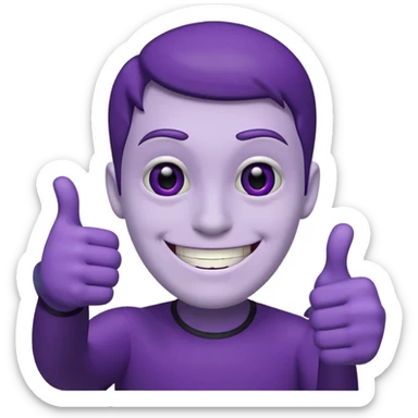 purple guy, black sclera, white pupils, grin, thumbs-up sticker
