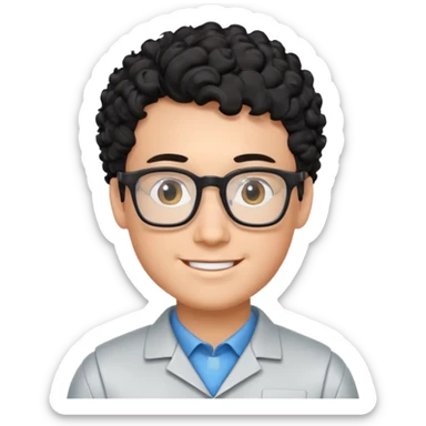 a boy robotics teacher, with black curly short hair, wearing glasses sticker