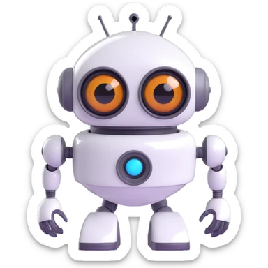 Friendly robot with big expressive eyes — round head, glossy finish, slightly clumsy but charming (think Wall-E meets Baymax). sticker