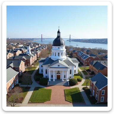 photorealistic emoji of Annapolis, panoramic cityscape with Maryland State House, Naval Academy Chapel, Ego Alley, St. Anne's Church, Kunta Kinte-Alex Haley Memorial, Chesapeake Bay Bridge in the distance, realistic detail, accurate colors, bright daylight, no sky, no clouds, transparent background sticker