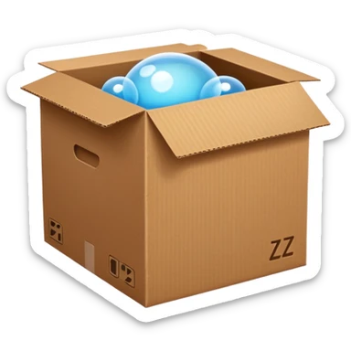 emoji of sleeping box, box is brown colored, open and empty, with a tiny Zzz bubble sticker
