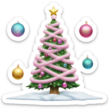 Christmas tree with snow on it and pink bows and disco ornaments and pink ornaments on the Christmas tree sticker