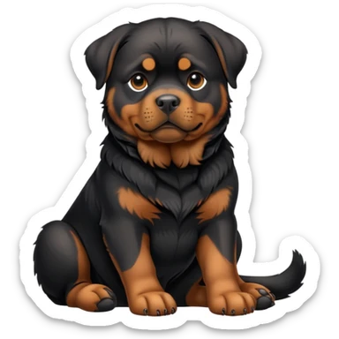 cinematic-[rottweiler]-realistic-full-body-sitting-emoji,-tail-resting-loosely-beside-its-paws,-head-tilted-dramatically, -sleek-[Black and brown]-fur,-simplified-yet-realistic-focused-features,-highly-detailed,-glowing-with-an-almost-sarcastic-glow sticker