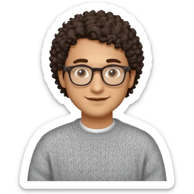 man in his 30s, curly dark hair, wearing glasses and a sweater, warm smile emoji sticker