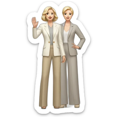 Full height Actively gesturing with hands pale skin woman with ash blonde Straightened bob Hair, White Spacious classical jacket, beige palazzo Arrow pants and gray blouse sticker