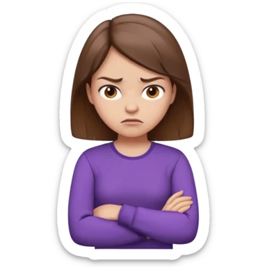 Angry Pouty girl with squinted eyes folding arms in a purple longsleeve shirt she has fair skin and brown hair sticker