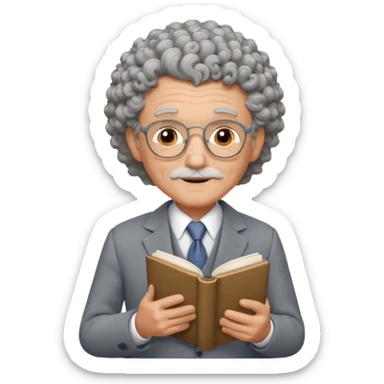 elderly male, curly hair, holding book, wearing gray suit sticker