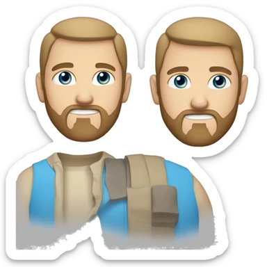 Man with dark blonde hair. A polytail and a SMALL bald spots on right and left side of his head. Blue eyes and dark blonde beard  sticker
