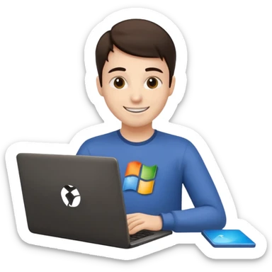 a programmer happy with a microsoft logo showing on the laptop screen sticker