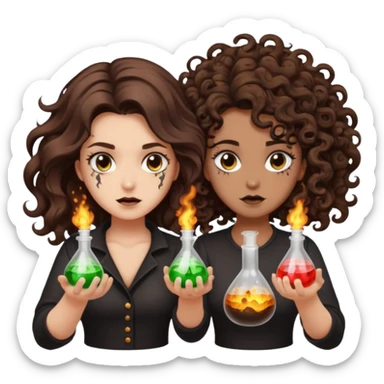 alchemy accident — long wavy brown hair tattooed woman and short tight curly brown hair woman — potion explosion soot faces sticker