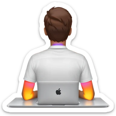 A man seen from behind, with detailed, well-lit hair. He is sitting in front of an open MacBook on a desk. On the MacBook screen, the Instagram logo is clearly visible and glowing.  sticker