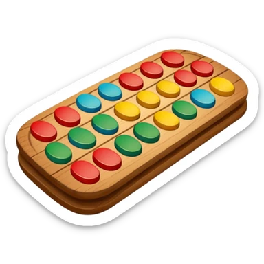 Flat emoji illustration of an African Awalé (mancala) board, wooden board with 12 holes, colorful seeds, simple shapes, bold outlines, cute and playful style, vector look, transparent background” sticker