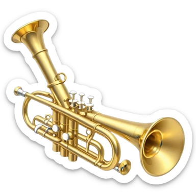 “Flat vector icon of a golden trumpet in side view with mouthpiece, bell, and three simple valves, thick dark outline, minimal details, centered on a deep navy blue rounded-square (or circle) background. Transparent outside the background, PNG.” sticker
