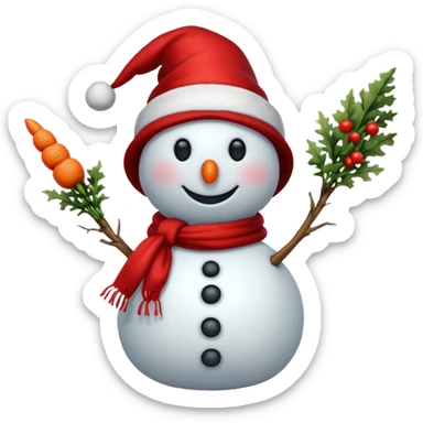 a snowman in a red scarf with the "S" logo and a red New Year's hat sticker