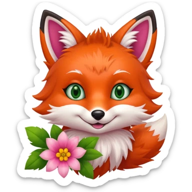 Smiling Pink Fox with green eyes  orange  flowers  sticker