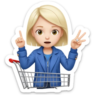 impulsive shopper: tiny face with excited eyes, finger on ‘buy’ button, small fast shopping cart with motion lines sticker