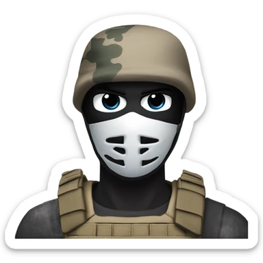 White male, call of duty black mask, camo tactical gear, tan combat boots, black beanie, blue eyes sticker