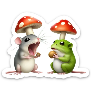 Tiny mouse opening his mouth larger than possible to eat the cap of a mushroom that is also attached to its stem, but the frog doesn't want to eat the stem sticker