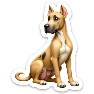 cinematic-[fawn great dane]-realistic-full-body-sitting-emoji,-tail-resting-loosely-beside-its-paws,-head-tilted-dramatically,-sleek-[fawn]-fur,-simplified-yet-realistic-focused-features,-highly-detailed,-glowing-with-an-almost-sarcastic-glow sticker