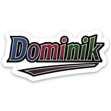 Dominik name in masculine, modern gradient font with dark contour, thin and clearly visible white border around letters, dynamic slanted underline, masculine color shades (blue, gray, burgundy, green, brown), 1000x1000 px, PNG, transparent background, in the style of the uploaded Attila sample. sticker