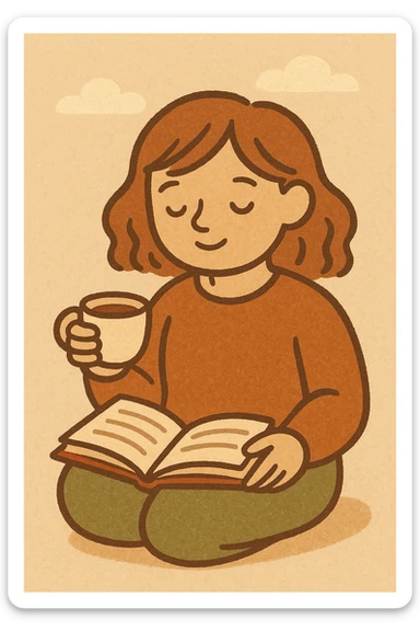 girl reading a book and drinking tea, minimal flat style, warm colors sticker