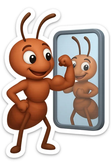 EMOJI STILE IPHONE 3D DI una formica che si guarda allo specchio felice e sicura di sè mentre contrae il suo bicipite muscoloso, fagli anche la parte bianca degli OCCHI, non solo la pupilla sticker