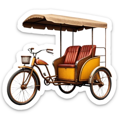 ​Cinematic Realistic Tricycle Rickshaw, depicted as a vintage manually operated vehicle featuring two front wheels and a single rear wheel, rendered with detailed rustic textures, vibrant colors, and dynamic urban lighting that captures its unique design and cultural charm, sticker