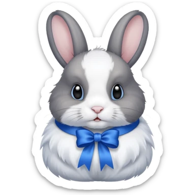 a white and black realistic domestic rabbit with a blue ribbon on its neck sticker