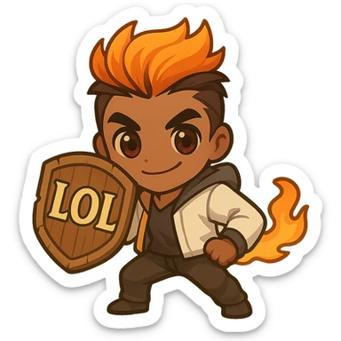 Brighten the eyes of Phoenix (Valorant) in chibi style to make them livelier and less black, with large friendly anime eyes showing visible pupils and light reflections. Keep the fiery hair, confident pose, and comic-style wooden shield with 'LOL' in bold, clear, slightly ornate lettering. Maintain clear lines and an energetic vibe. Keep the background transparent. Emoji compatible at 128x128 px. sticker