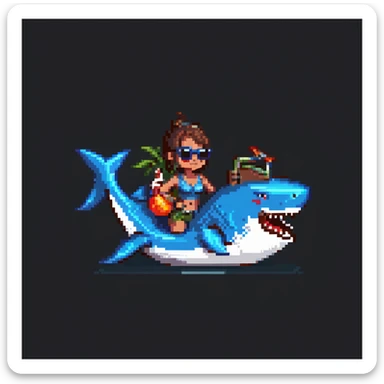 orc female with a shark-shaped inflatable floatie, wearing large sunglasses and a whistle on a cord, pixel art style sticker