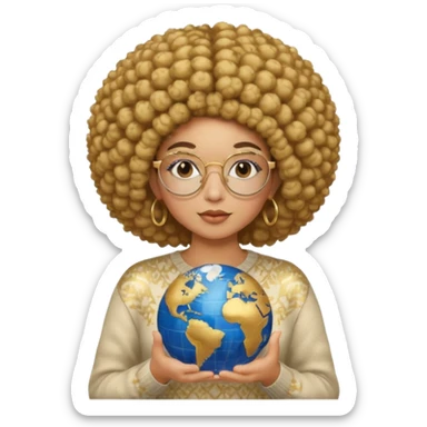 a young woman wearing gold round glasses and afro hair, she has medium/mate skin, she's wearing a sweater and she's holding a globe in her hand sticker