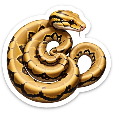 A photo-realistic top-down view of a Ball Python gently coiled into a tight spiral, with its head resting peacefully at the center. Its scales are warm brown with bold, irregular black markings, including the distinctive “alien-head” pattern, flowing smoothly along its body.  sticker