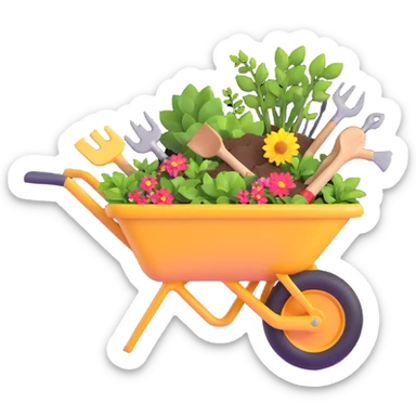 wheelbarrow with gardening tools sticker