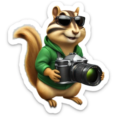 Chipmunk on top of a mountain with a camera in one hand and sunglasses on the head sticker