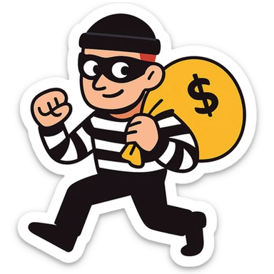 white man dressed as a robber, wearing a black mask and striped shirt, cartoon style sticker