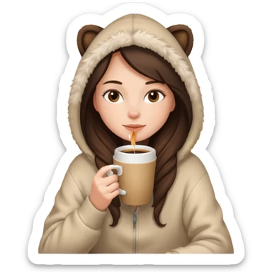 a brunette girl sitting cozily in a beige fur hoodie sipping coffee sticker