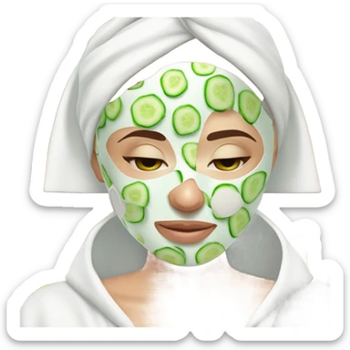 Girl with freackles Brown hair white skin and blue eyes wears Green colored texture skin care mask all over her face while She relaxes and puts two round piece of cucumber on her closed eyes In a white Robe sticker
