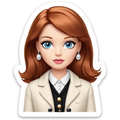A Barbie girl with blue eyes, shoulder-length reddish-brown hair with makeup, wearing a white tweed jacket and a black skirt stands with chanel cream sticker
