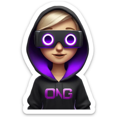 Russian girl wearing black hoody with violet letters "OMG", in vr headset oculus quest2. Standing like jedi. Cyberpunk style. Violet neon. sticker
