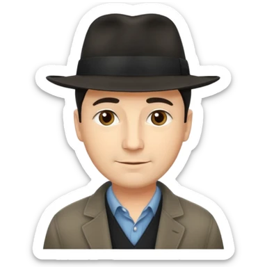 A light-skinned middle-aged man with short dark hair, and a black fedora, with an oval face and calm look. sticker