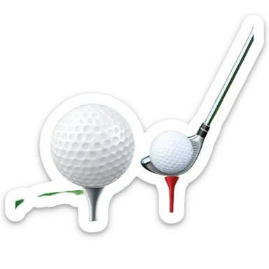 A golf ball on a tee with a golf club placed beside it, set against the backdrop of a well-manicured green golf course. The scene emphasizes the equipment and serene atmosphere of the sport, with soft lighting and a peaceful, open landscape sticker